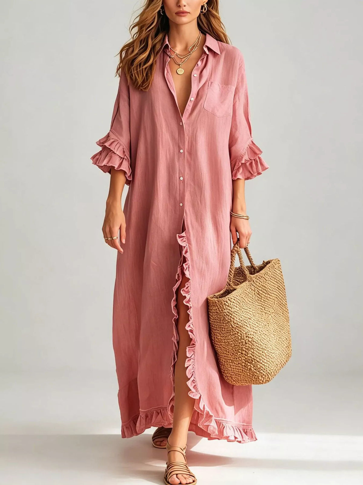 Ruffled Trim Button-Down Maxi Shirt Dress