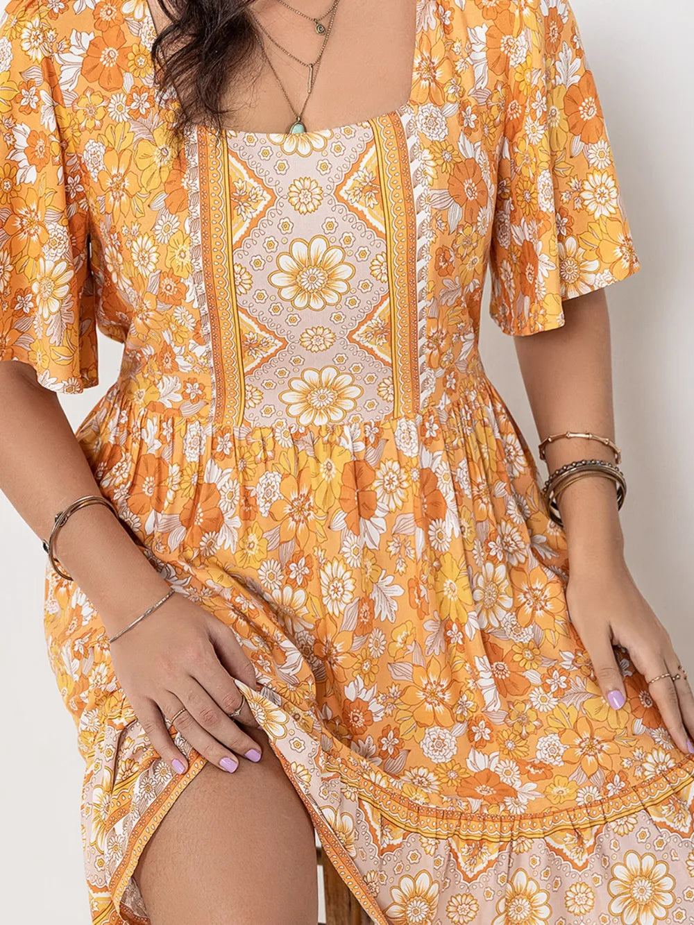 Square Neck Short Sleeve Plus Size Dress in Gold
