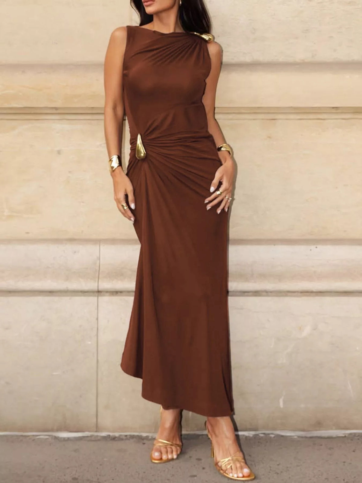 Draped Bodycon Maxi Dress with Metal Detail