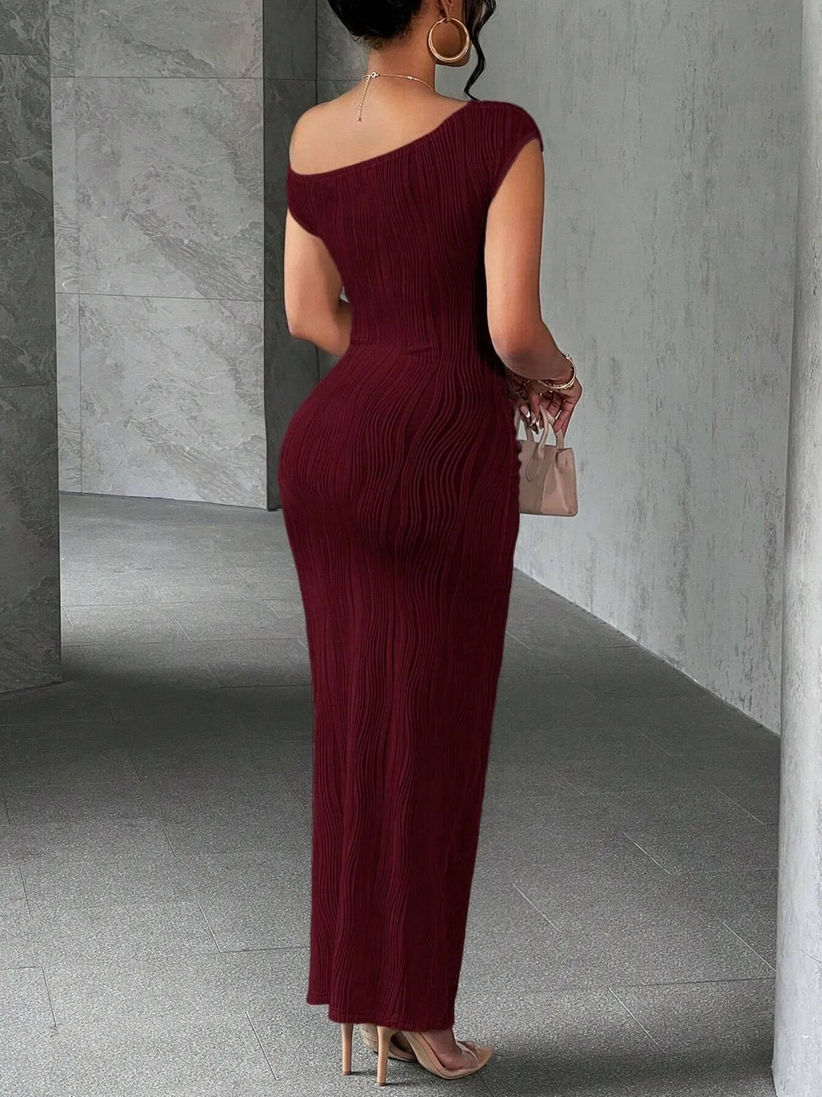 Ribbed Single Shoulder Bodycon Maxi Dress