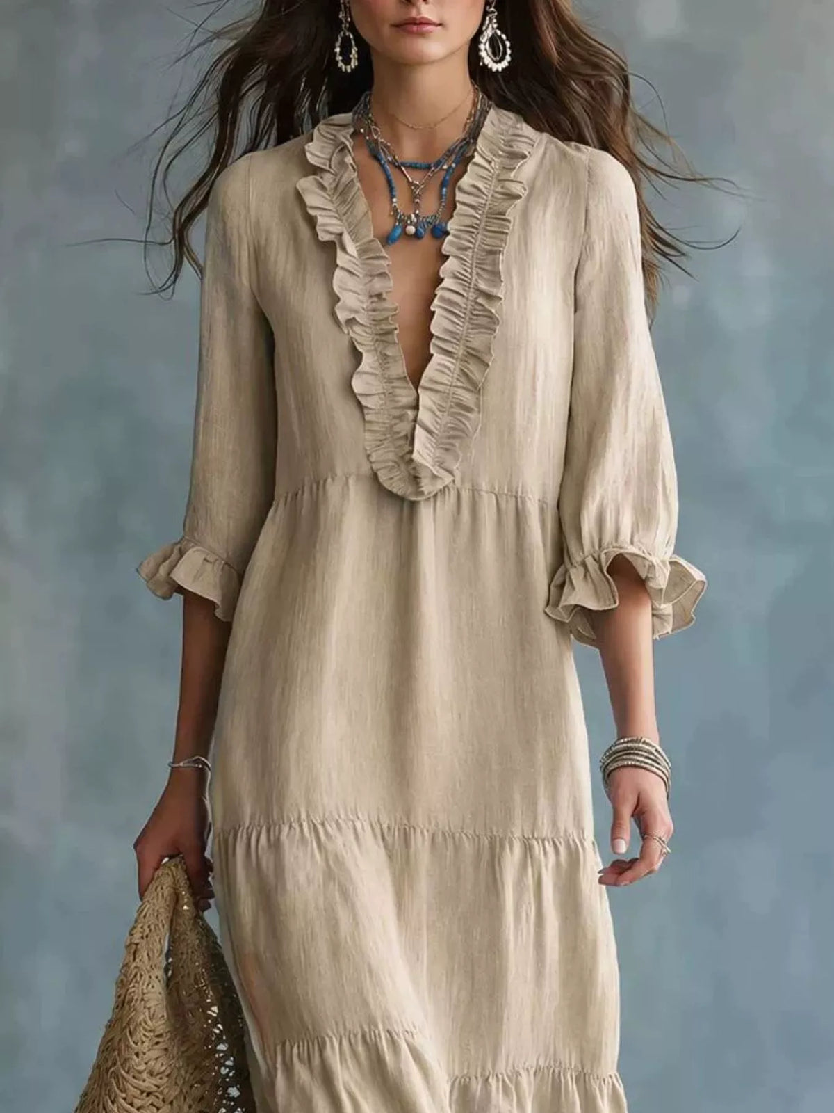 Ruffled V-Neck Tiered Maxi Dress
