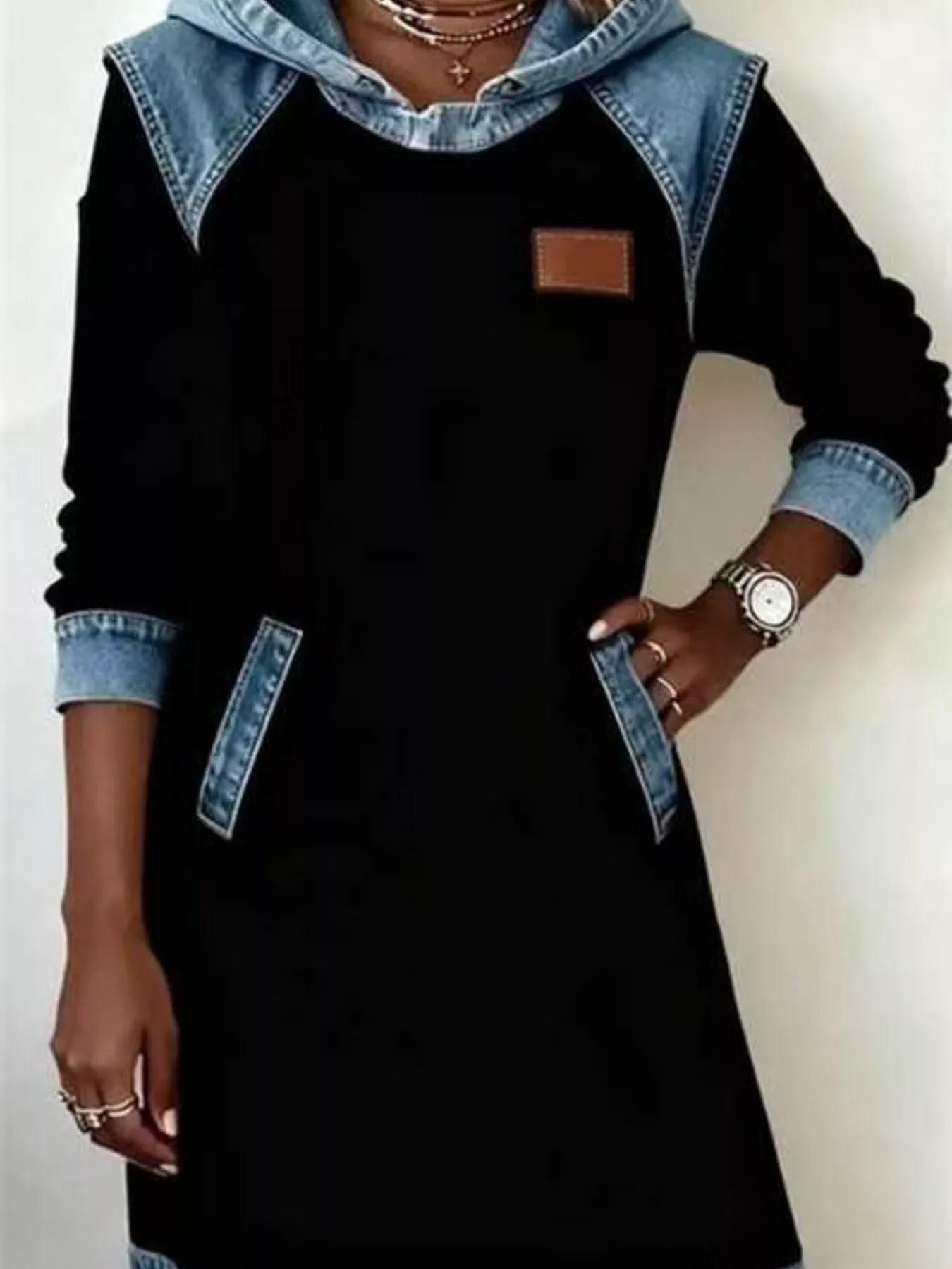 Hooded Denim Patchwork Sweatshirt Dress