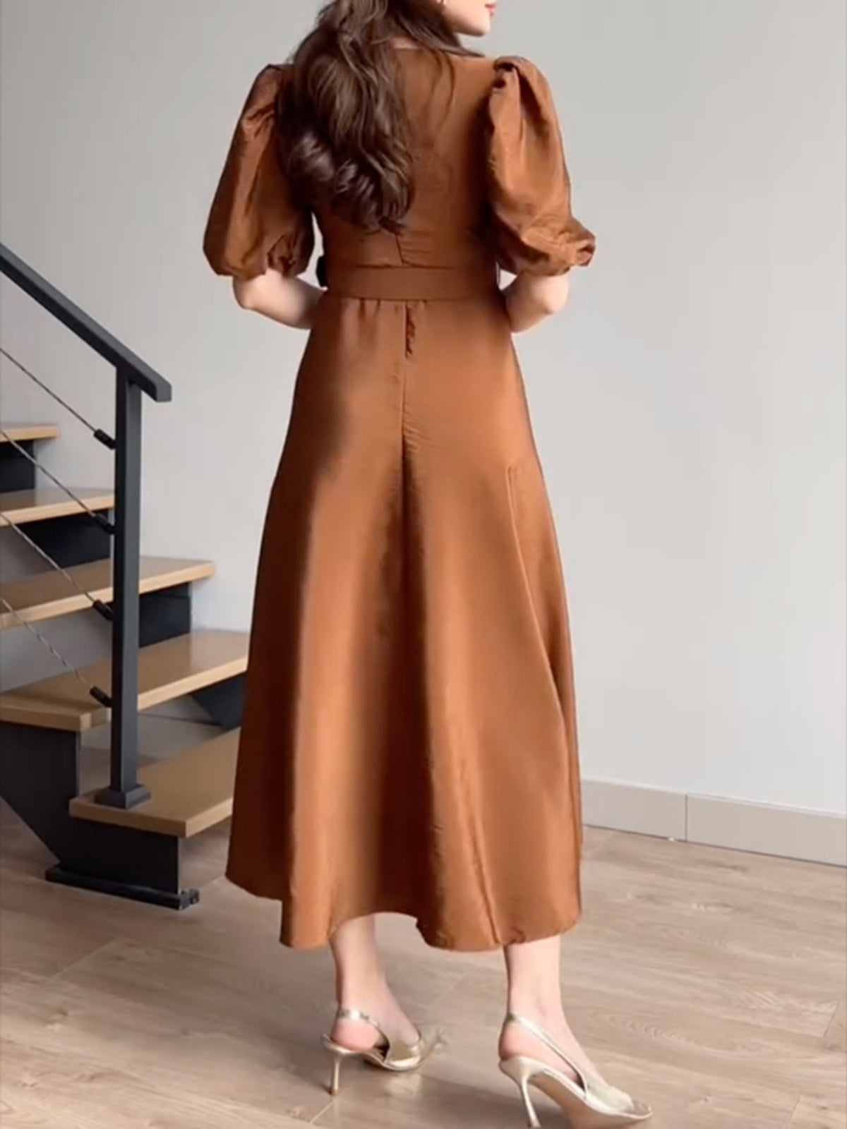 Belted Puff Sleeve Midi Dress in Tan