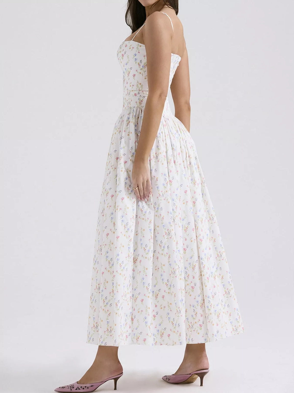 Floral Spaghetti Strap Midi Dress in White