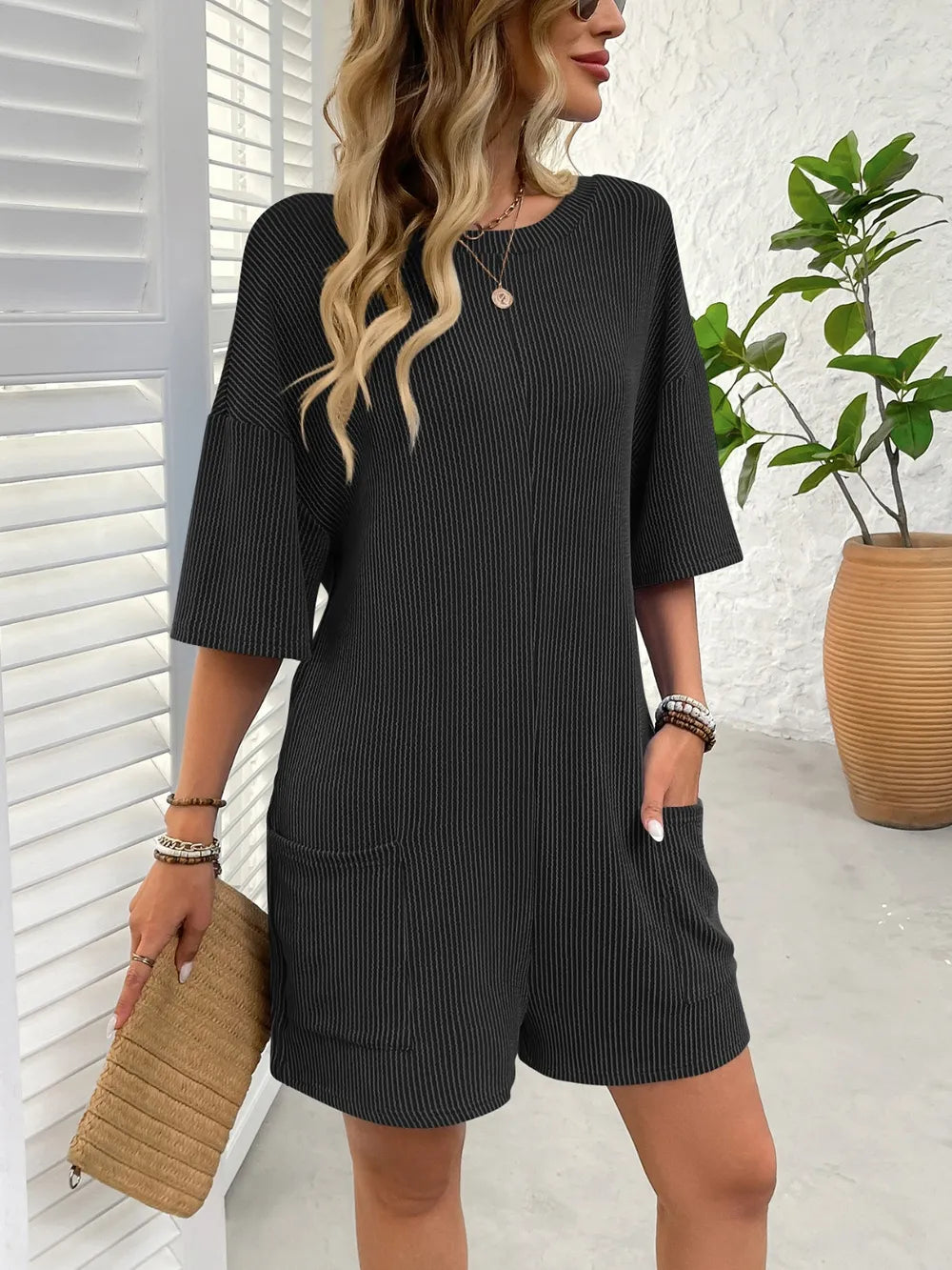 Backless Textured Half Sleeve Romper