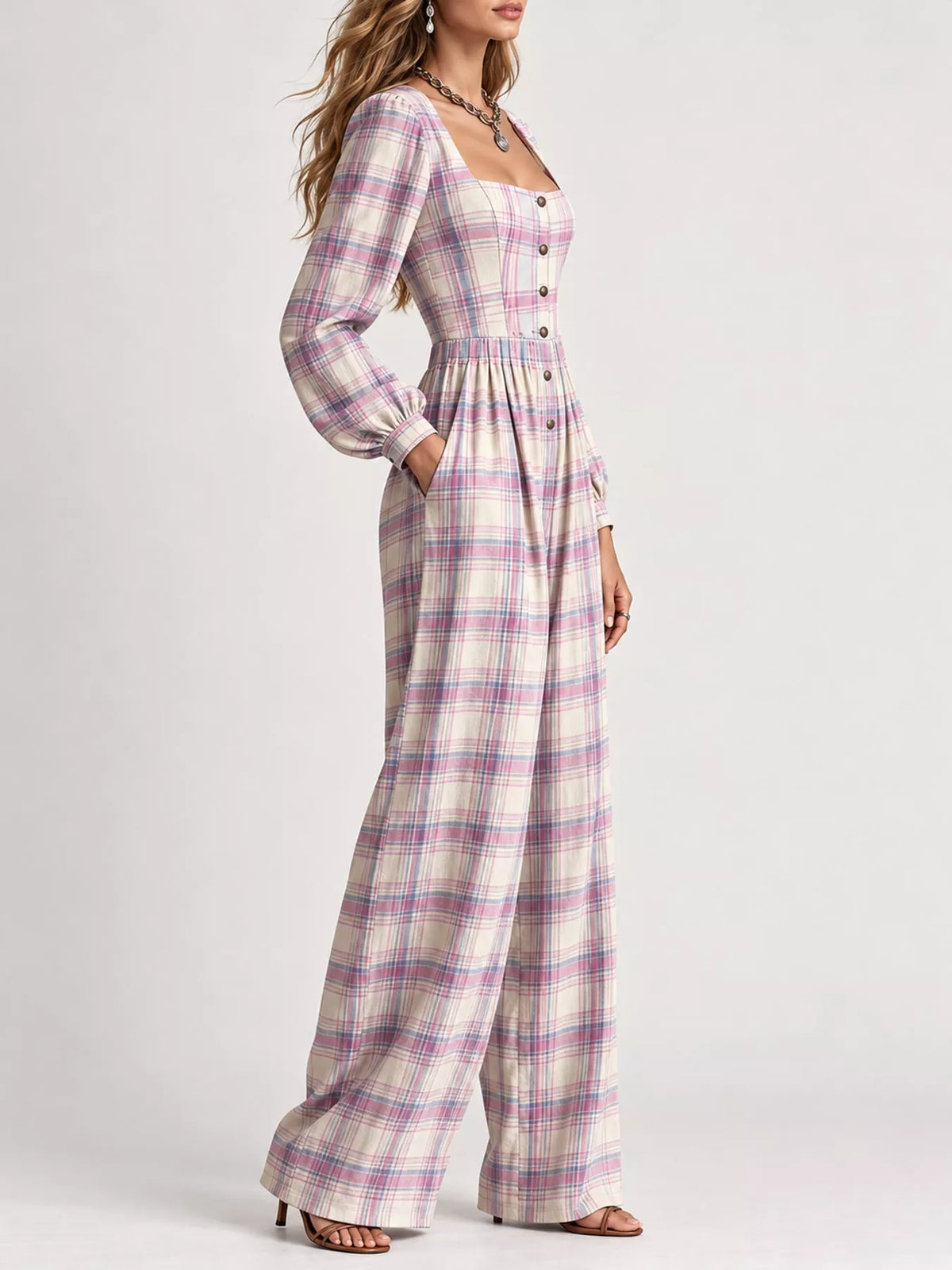 Plaid Square-Neck Wide-Leg Jumpsuit