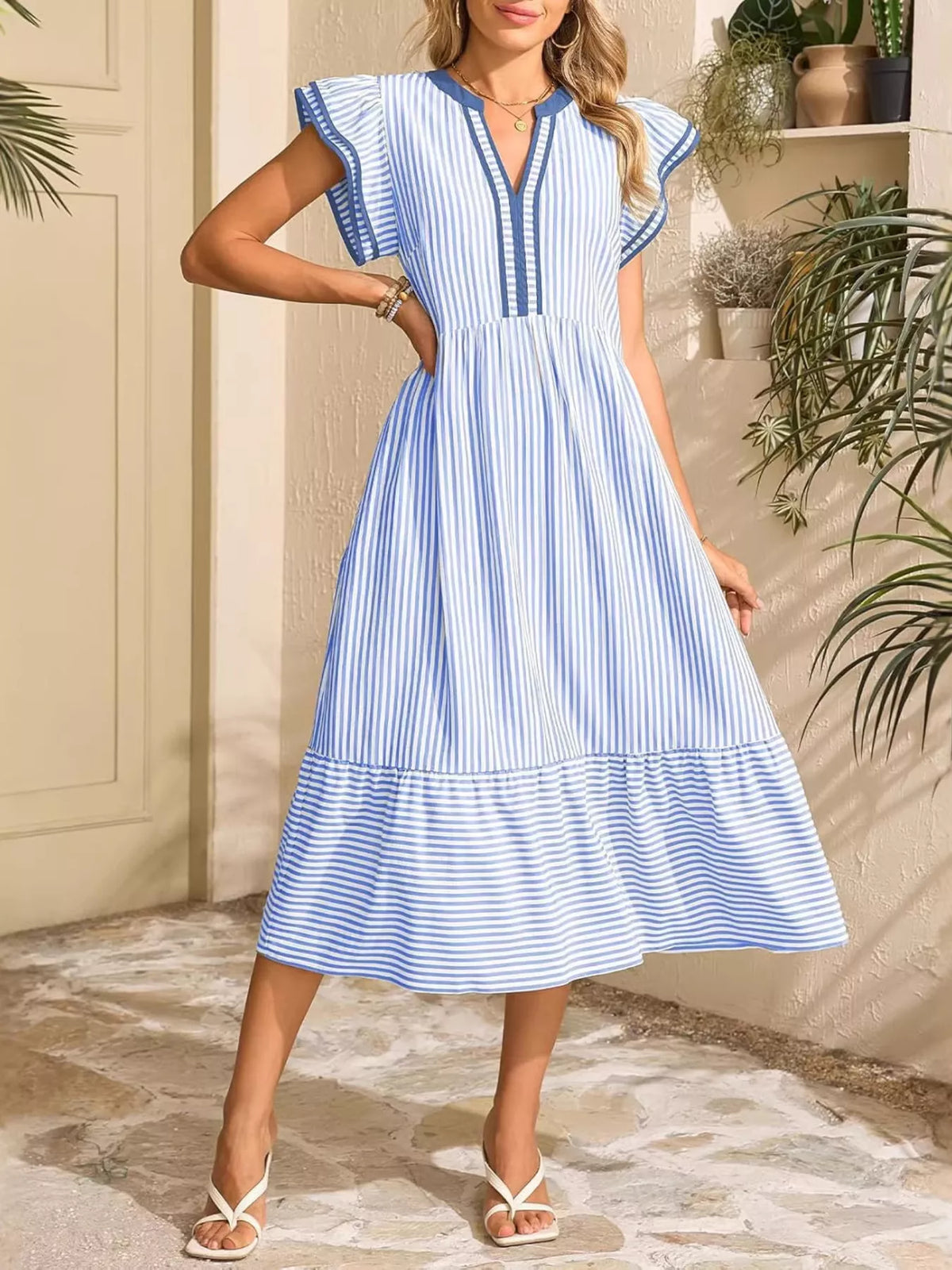 Striped Ruffle Sleeve Midi Dress with Pockets