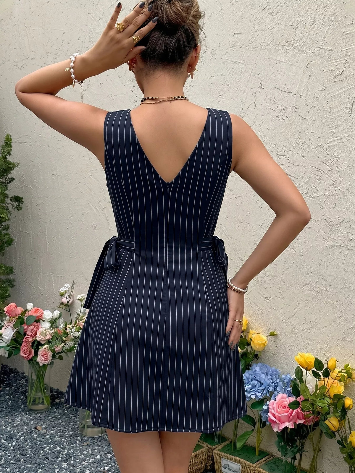 Striped Tie-Waist Dress in Navy Blue