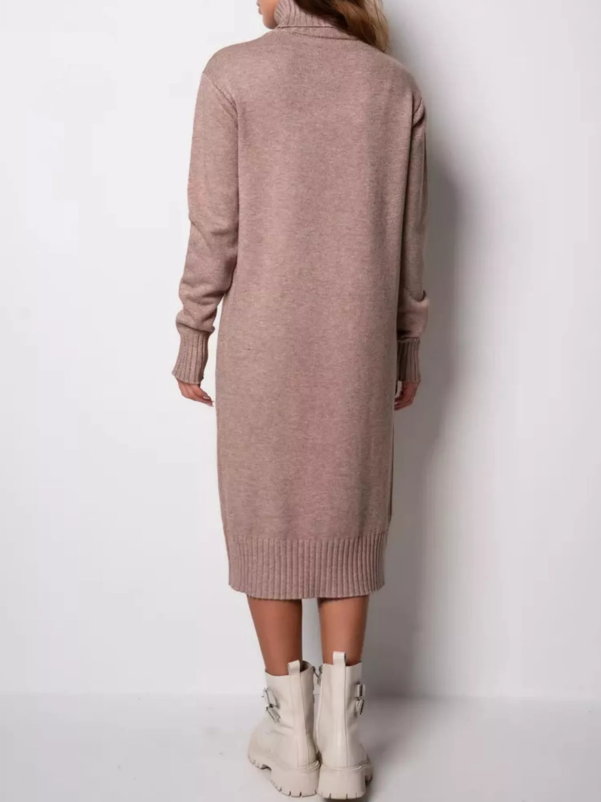 Relaxed Fit Turtleneck Ribbed Knit Sweater Dress