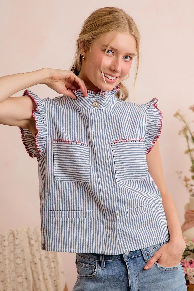 So Me Striped Ruffled Vest Top in Blue and Red in Blue/Red