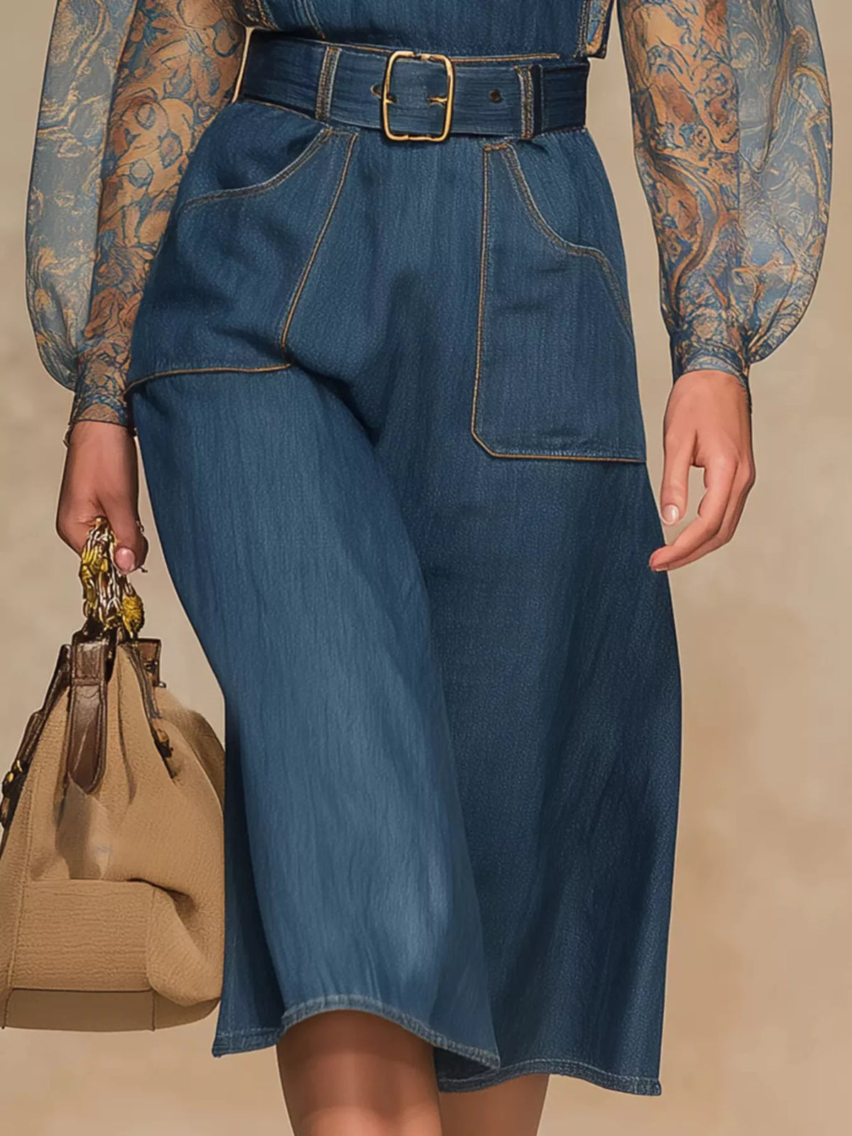 Sheer-Sleeve Denim-Print Dress in Blue