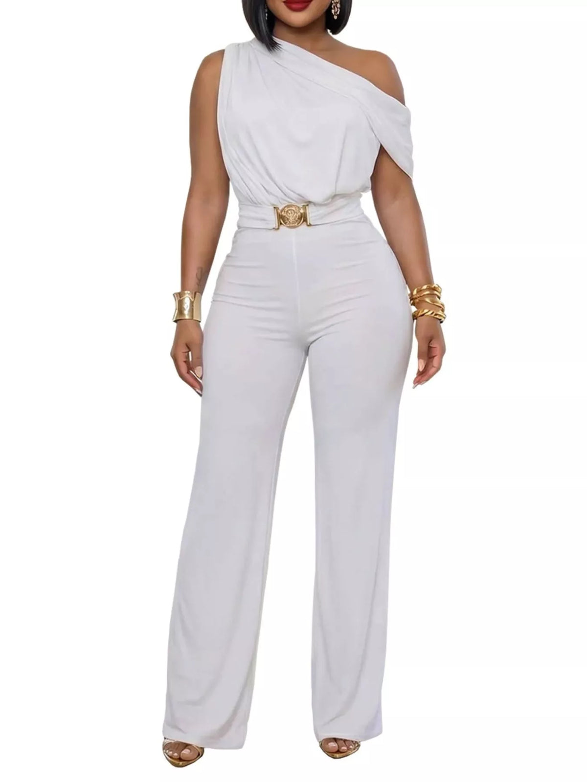 One-Shoulder Draped Wide-Leg Jumpsuit
