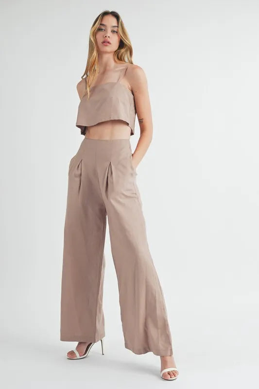 Linen Mix Crop Cami & Wide Leg Pants Set in Mocha