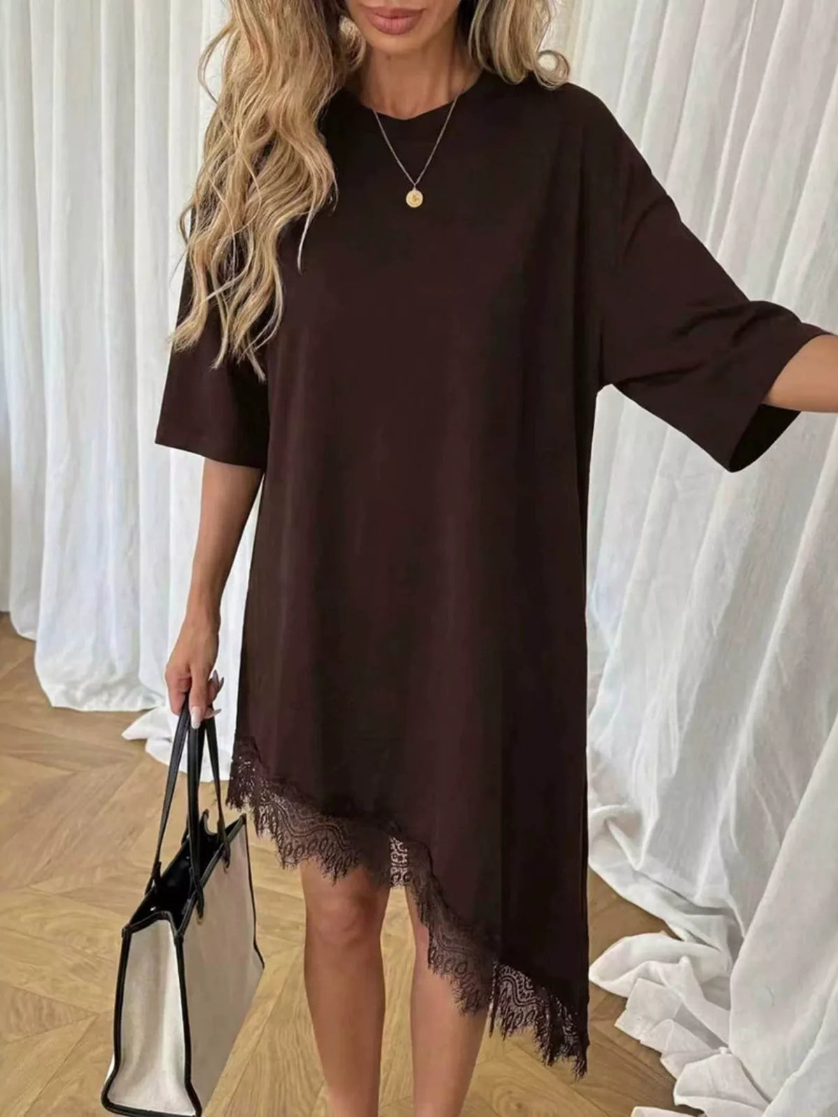 Asymmetrical Hem T-Shirt Dress with Lace Trim