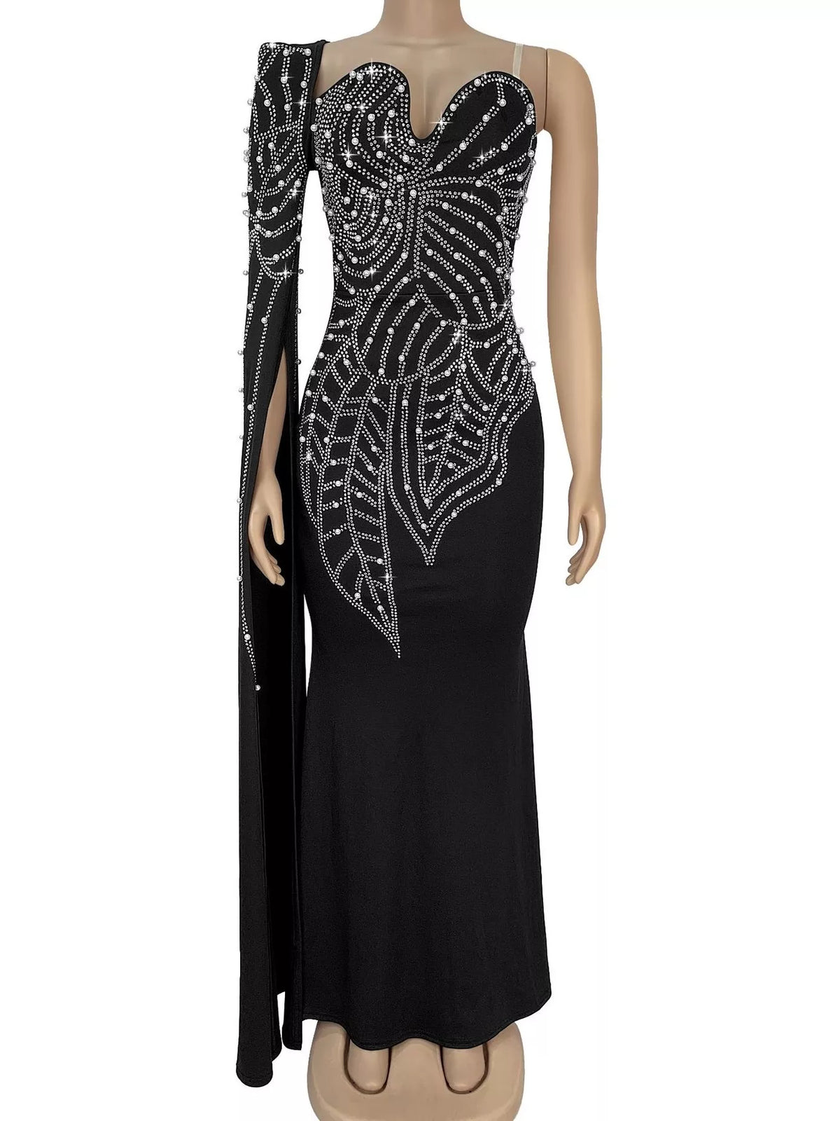Rhinestone Pearl One-Shoulder Mermaid Dress in Black