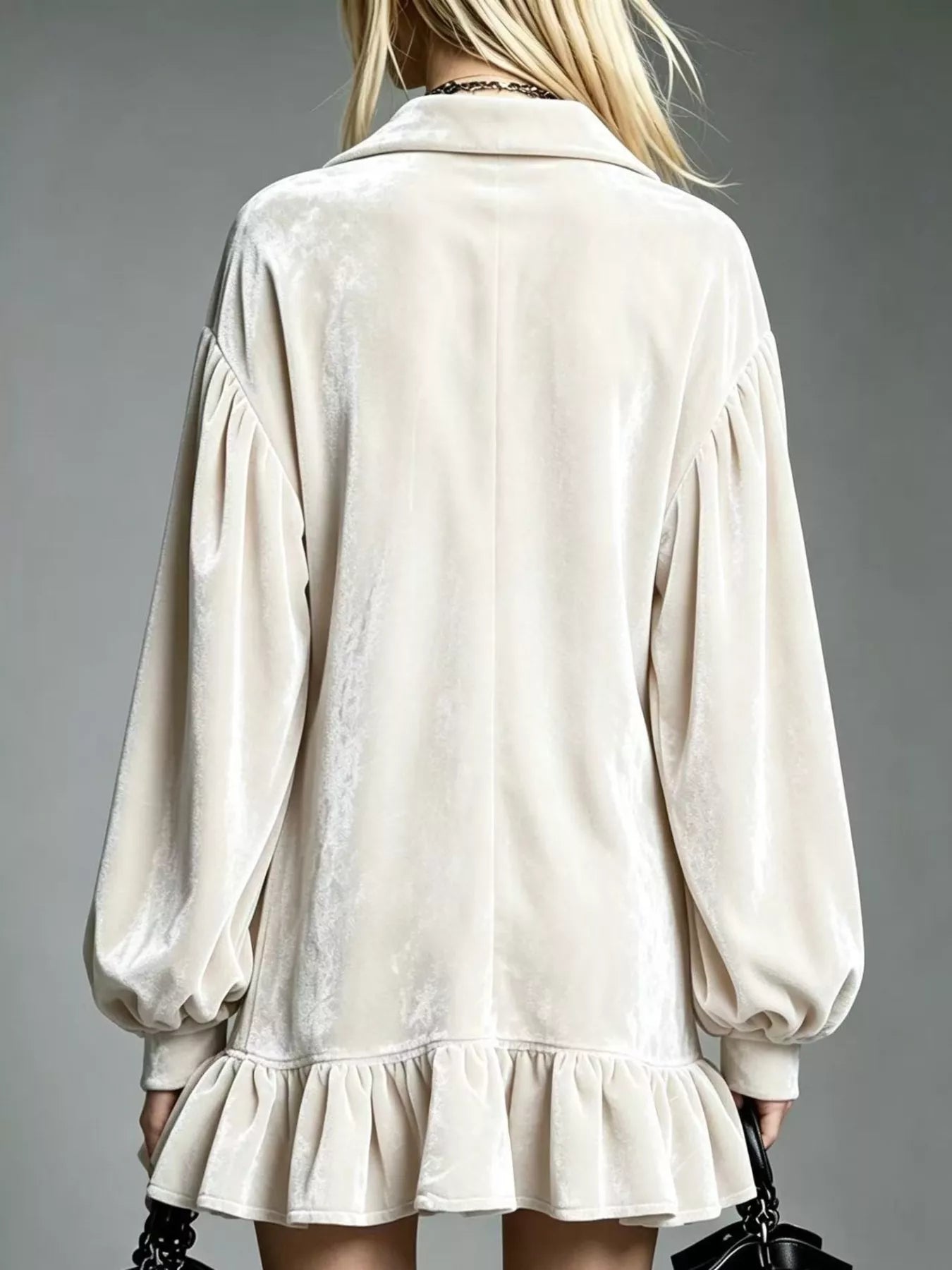 Velvet Ruffled-Hem Long Sleeve Dress