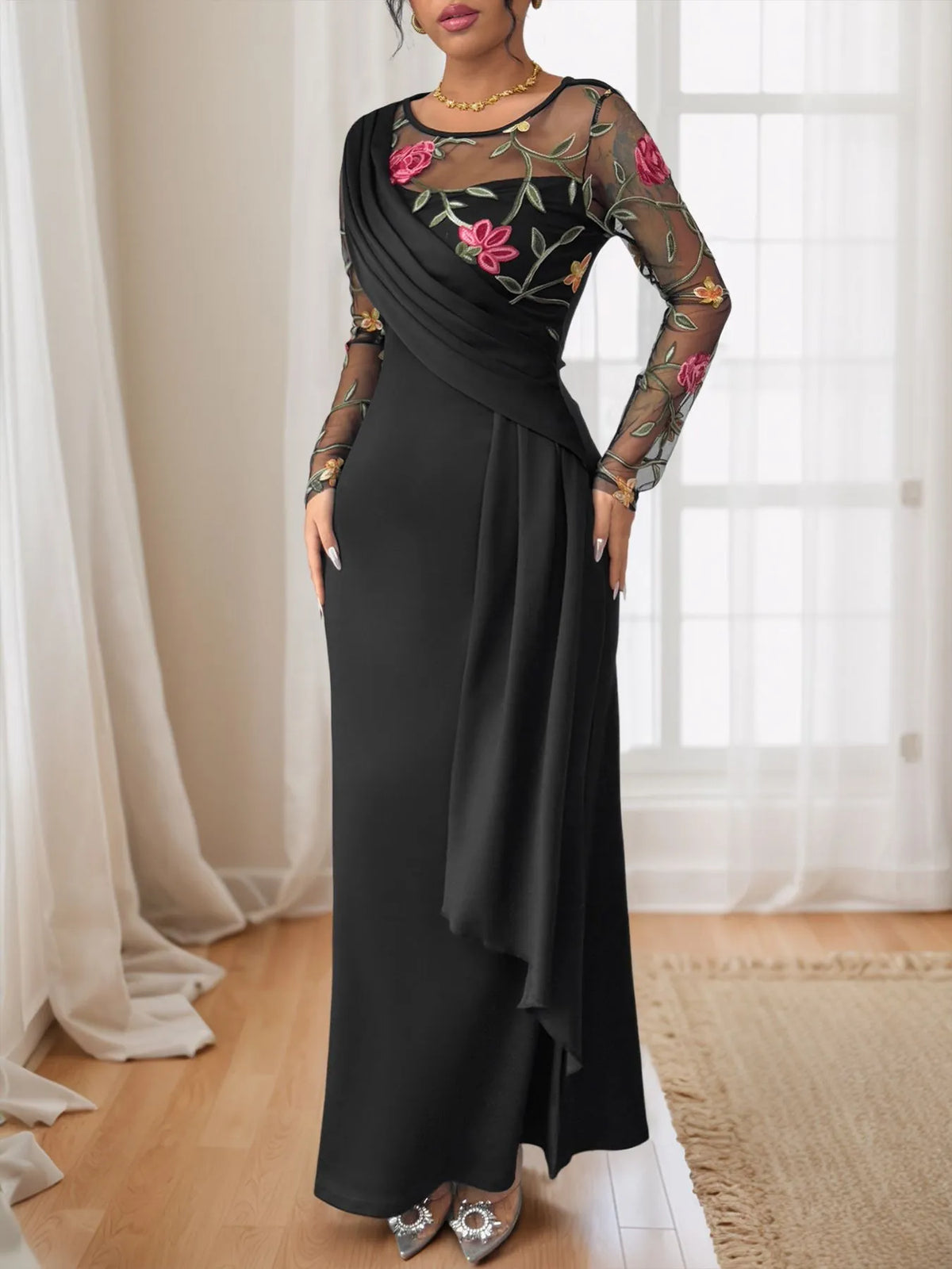 Floral Mesh Sleeve Ruched Maxi Dress in Black