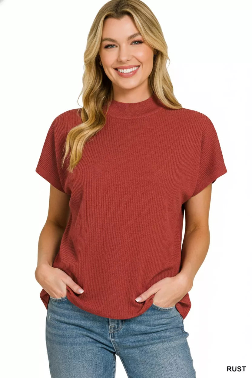 Zenana Mock Neck Boxy Sweater in Rust
