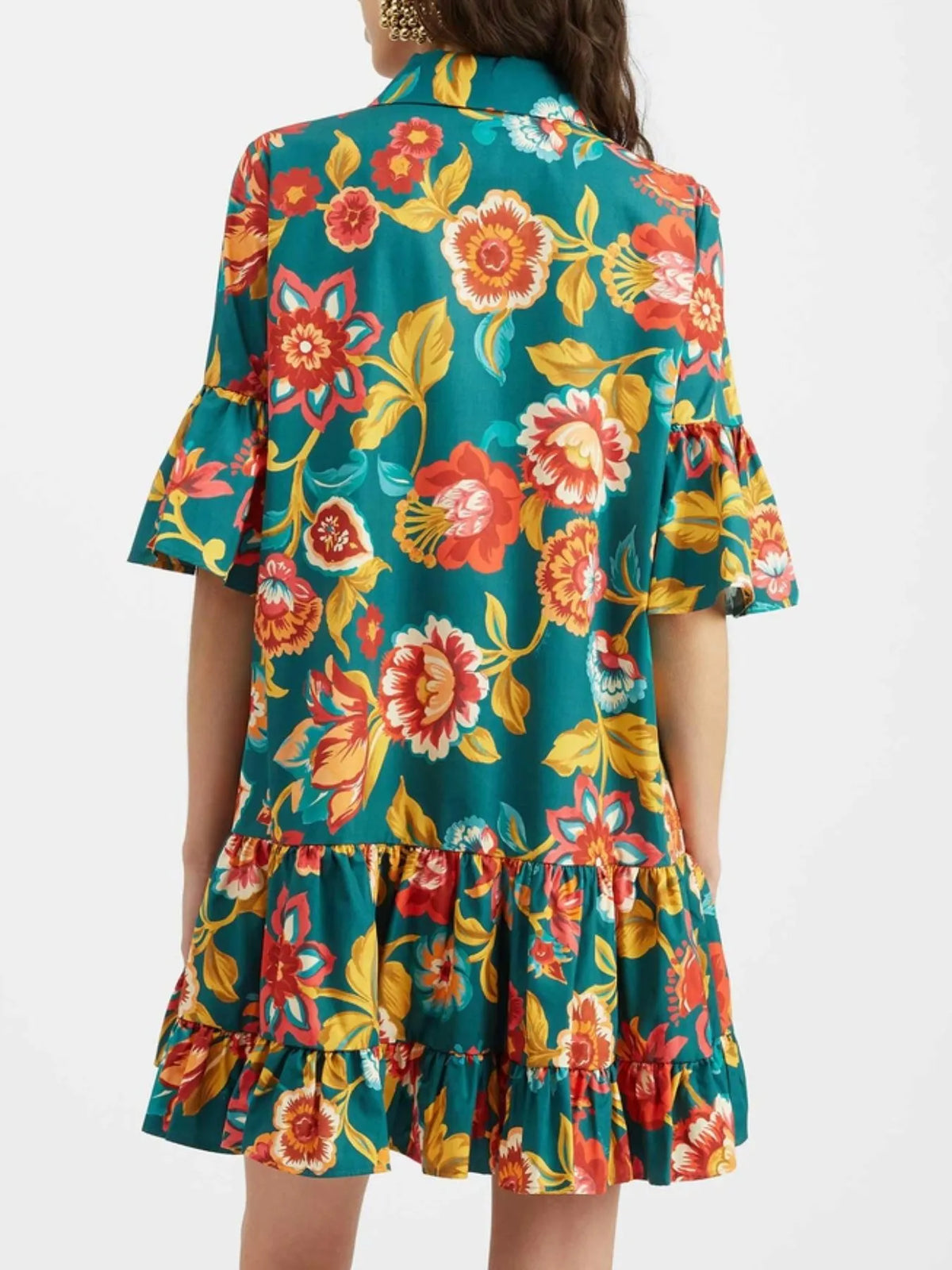 Buttoned Floral Ruffle-Sleeve Mini Dress by Rosaline