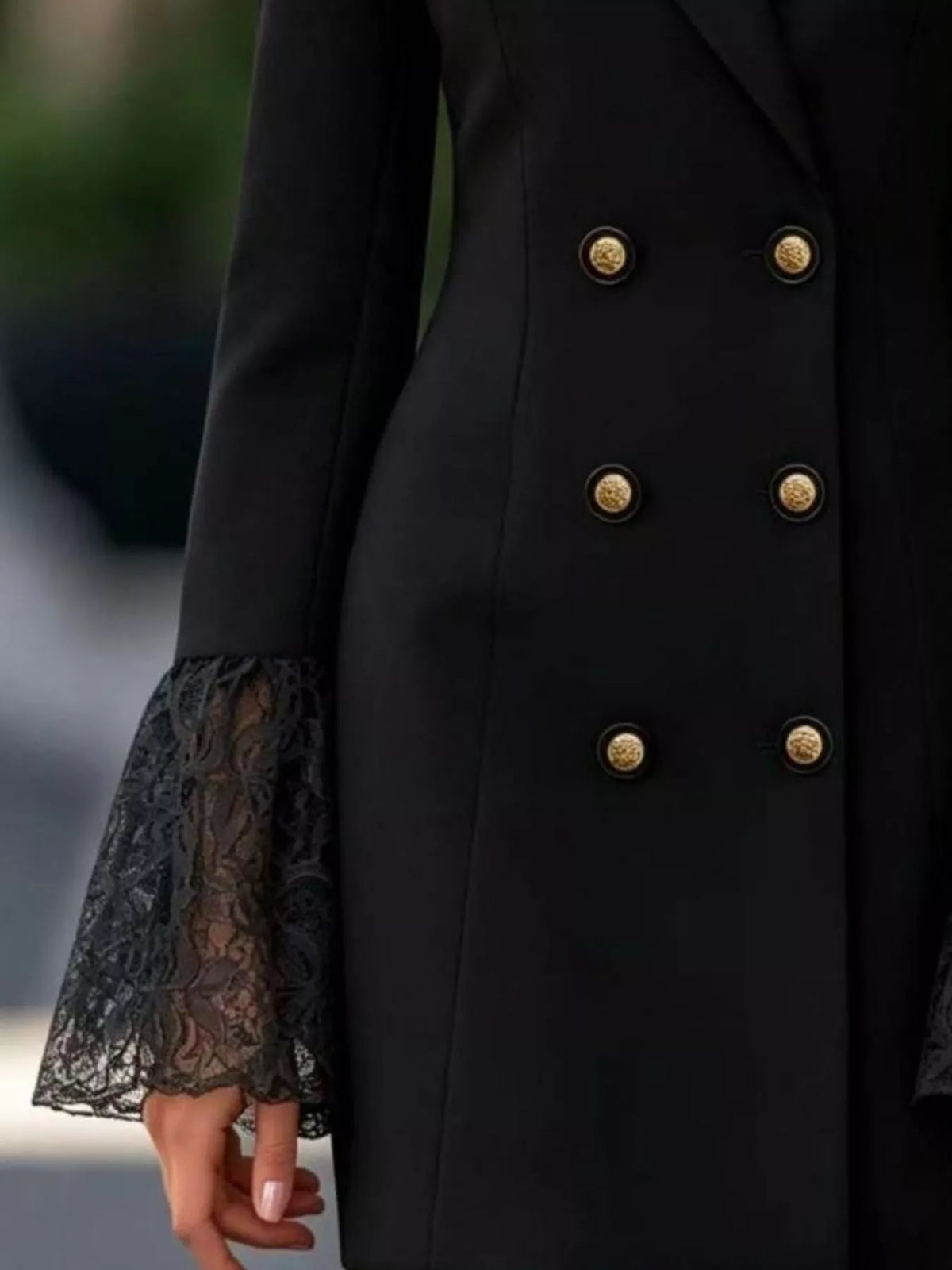 Double-Breasted Blazer Dress with Lace Cuffs