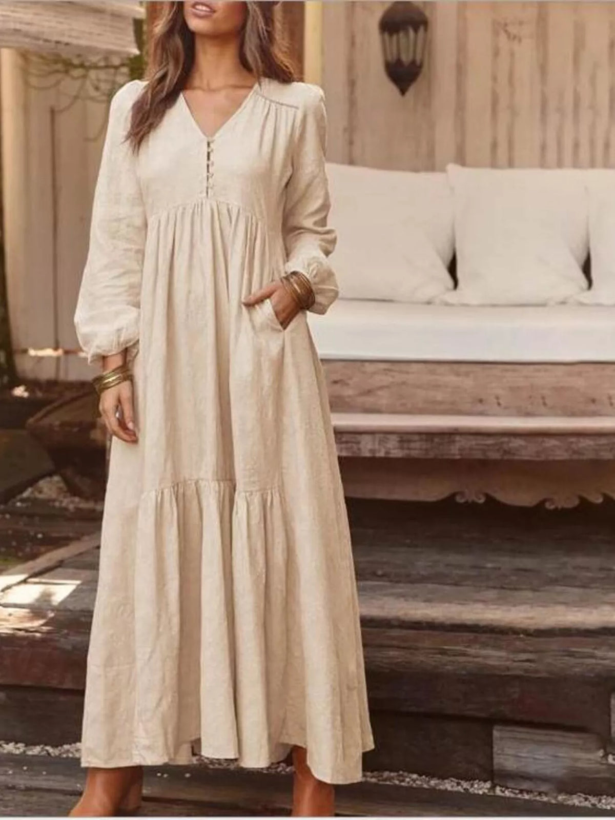 V-Neck Long Sleeve Tiered Maxi Dress with Pockets