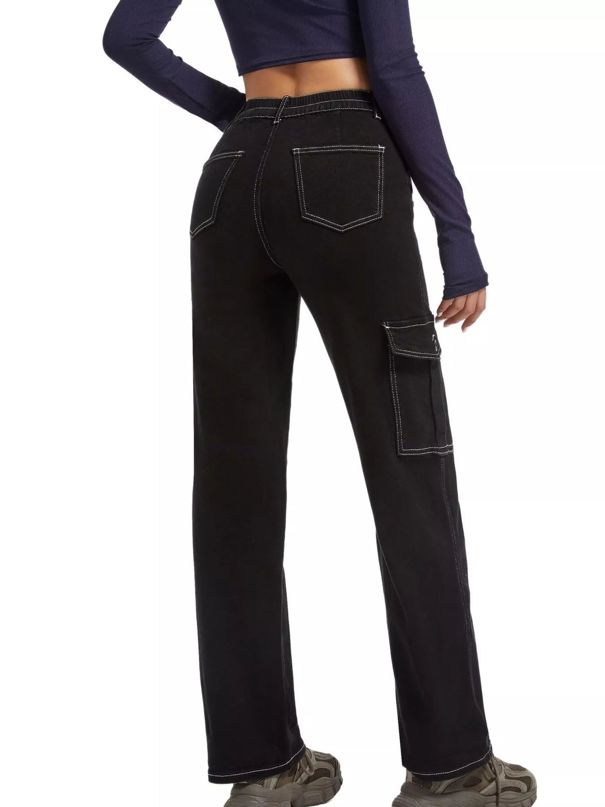 High-Waisted Cargo Jeans with Contrast Stitching
