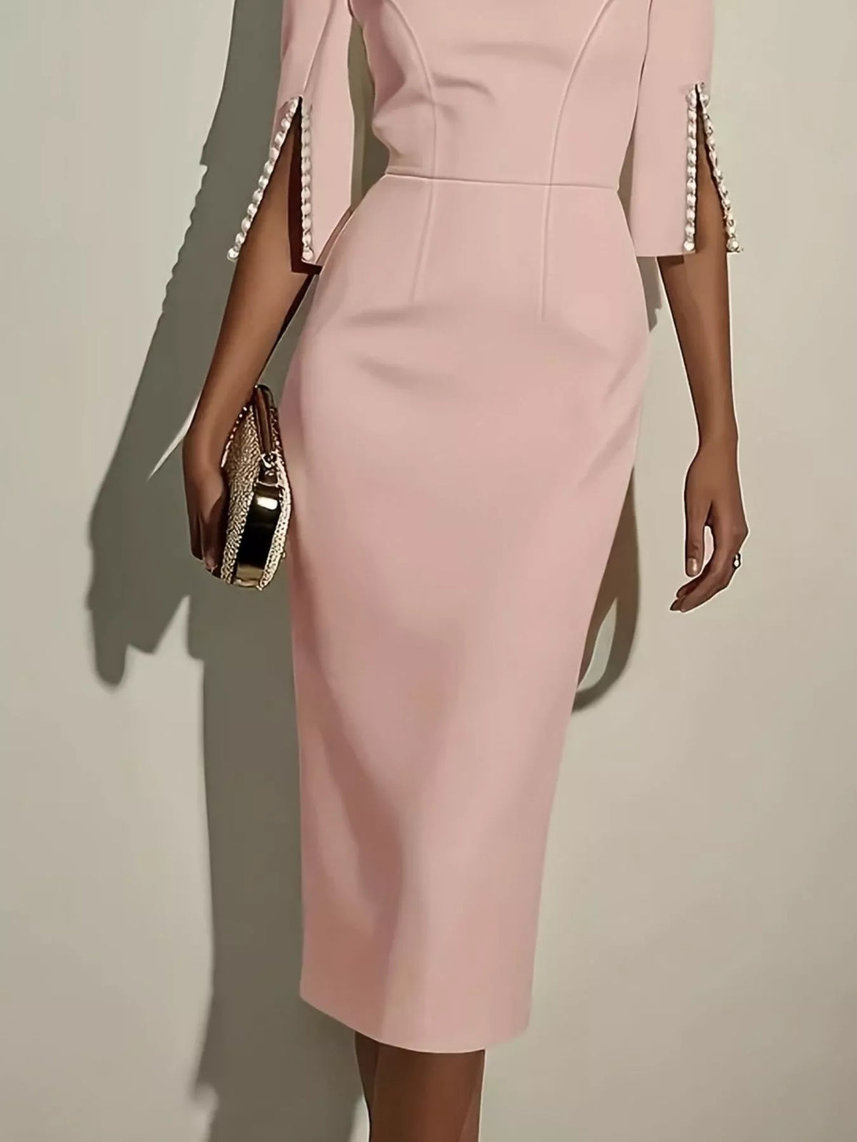 Beaded Slit-Sleeve Slim-Fit Midi Dress