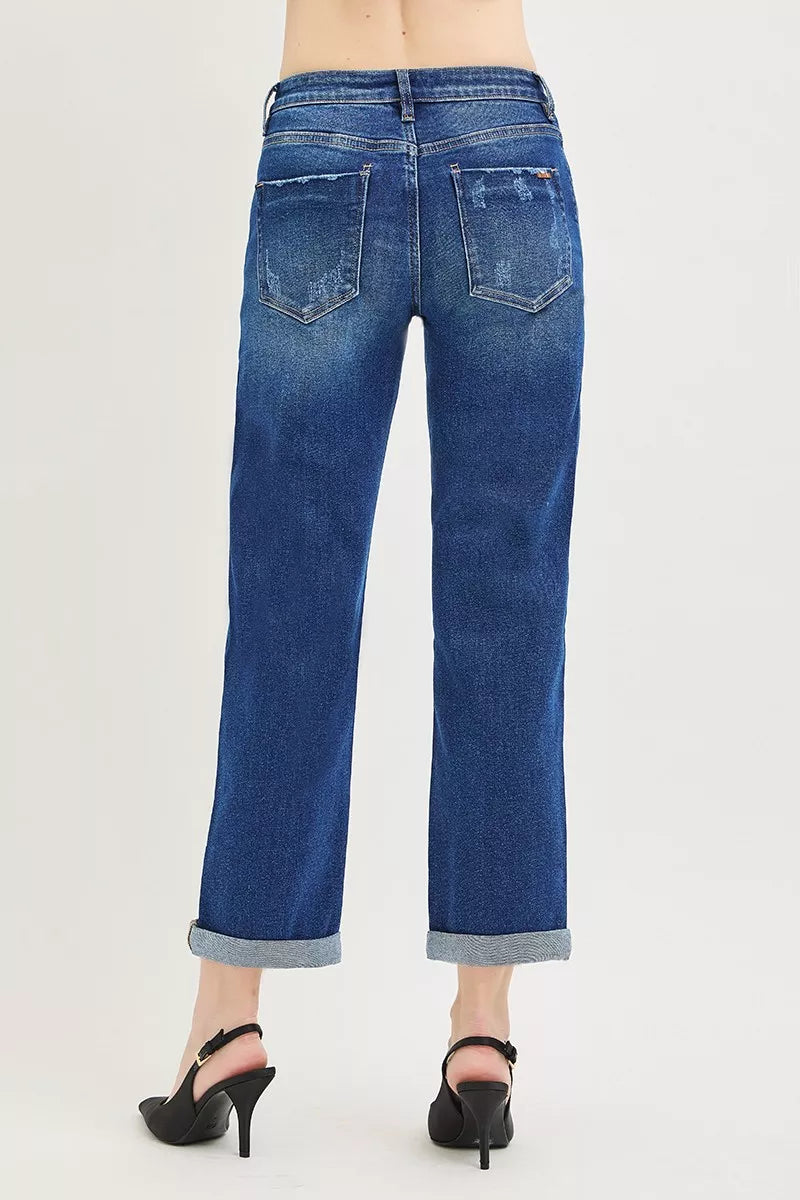 Risen Slouchy Cropped Boyfriend Jeans in Dark Wash