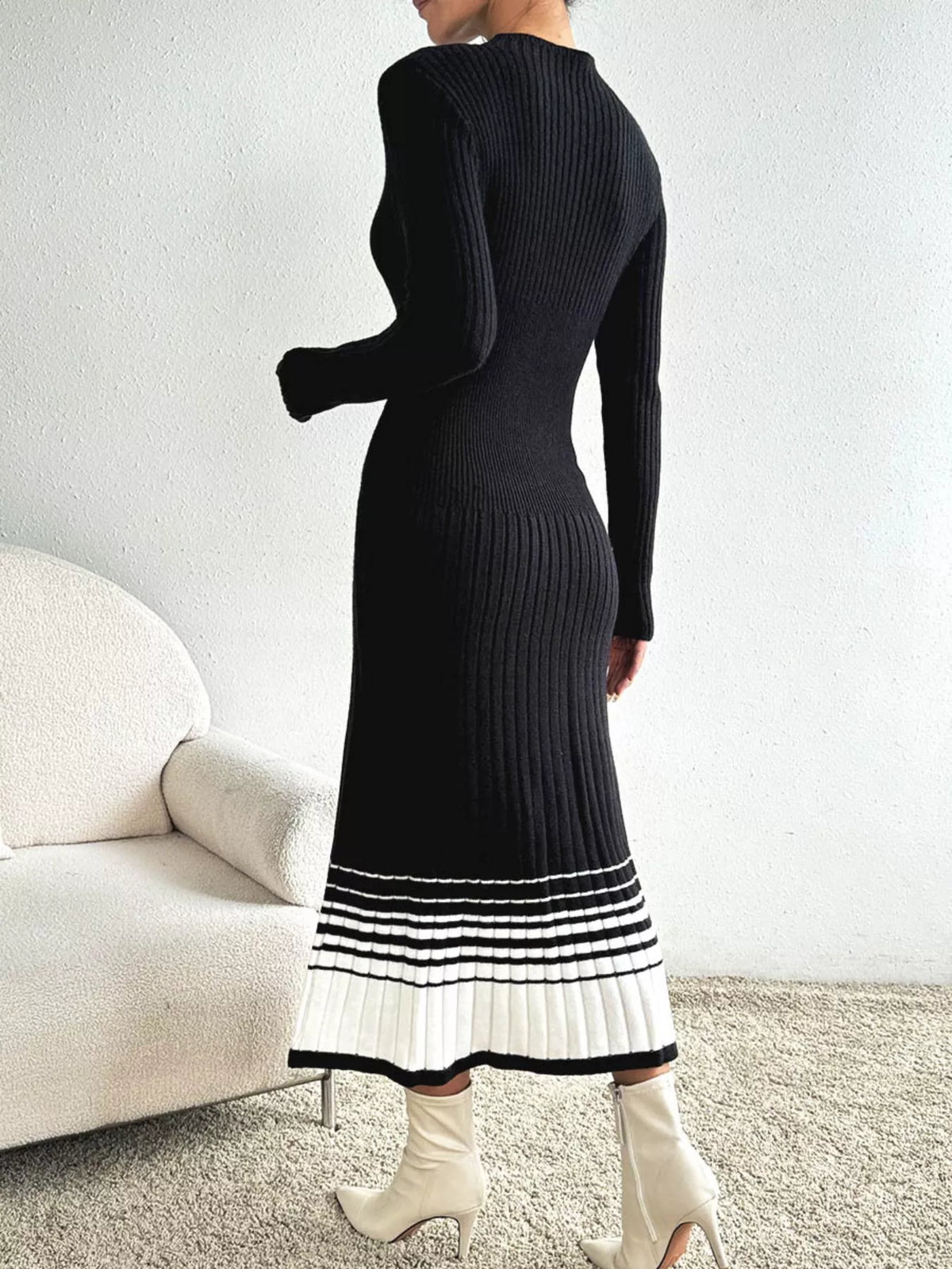 Ribbed Sweater Dress with Striped Hem in Black