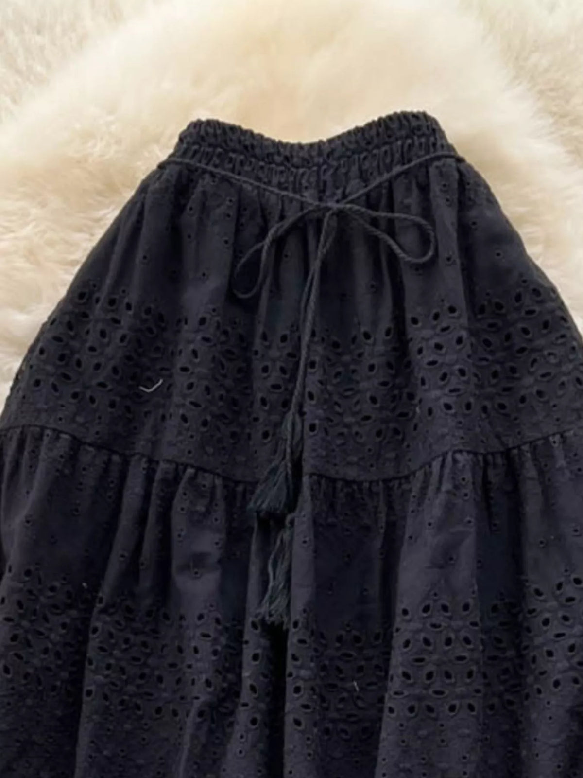 Eyelet Cutout Tiered Maxi Skirt