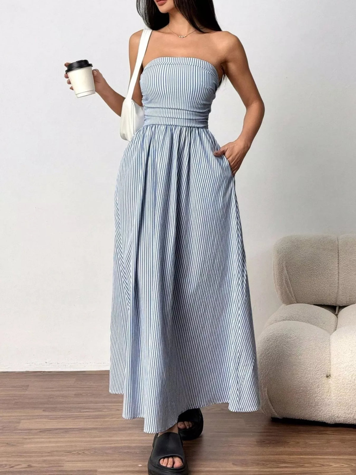 Smocked Strapless Striped Maxi Dress by Calliope