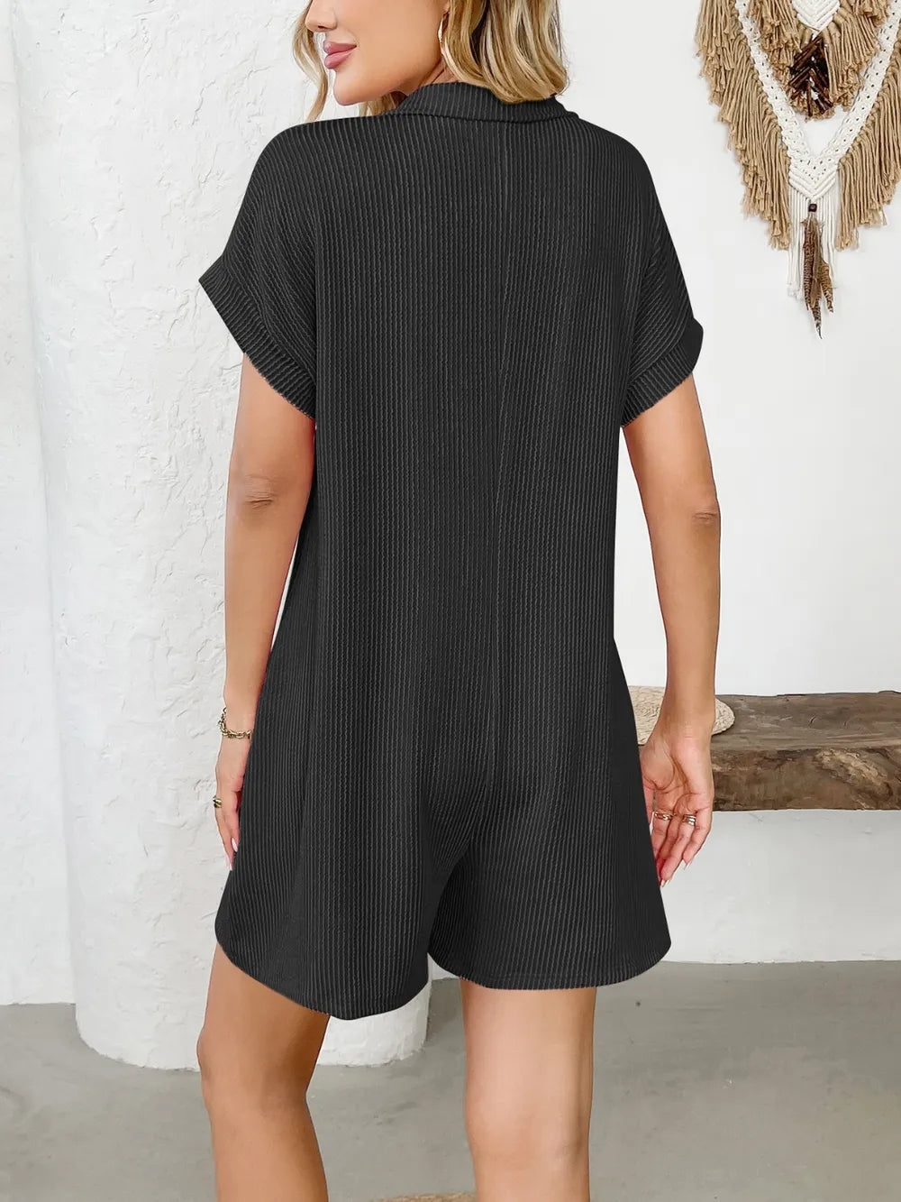 Collared Short Sleeve Button Detail Romper