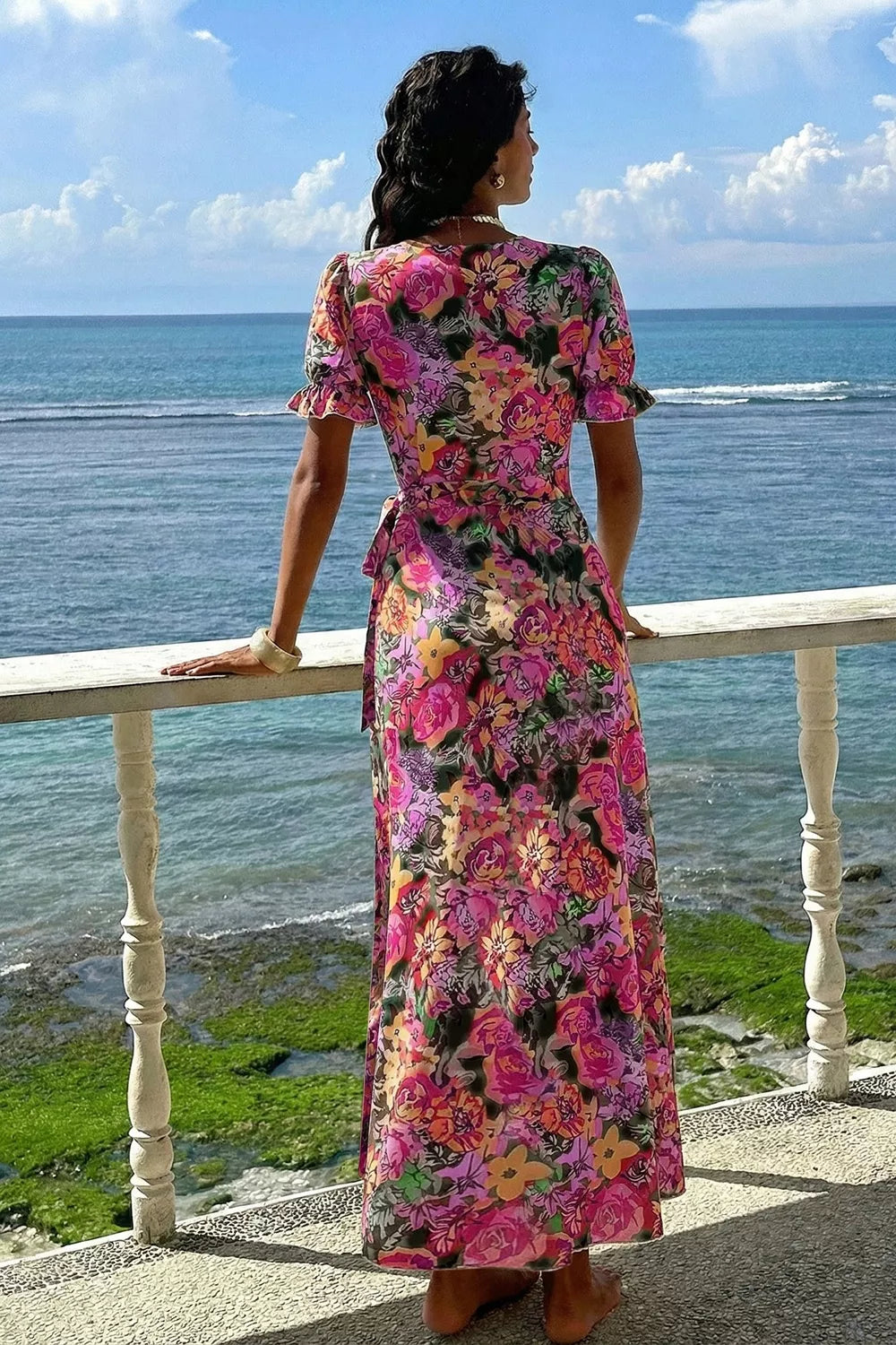 Floral Short-Sleeve Maxi Dress with Tie Detail