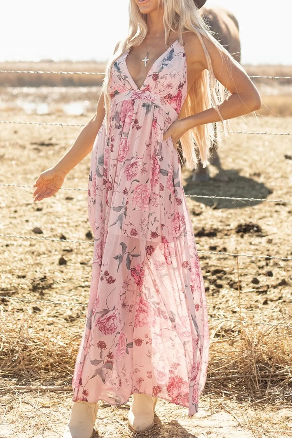 Floral Pleated Deep V Backless Maxi Dress in Blush Pink