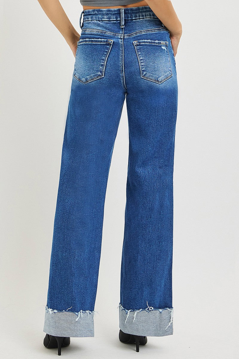 Risen High Rise Wide Leg Cuffed Jeans in Medium Wash