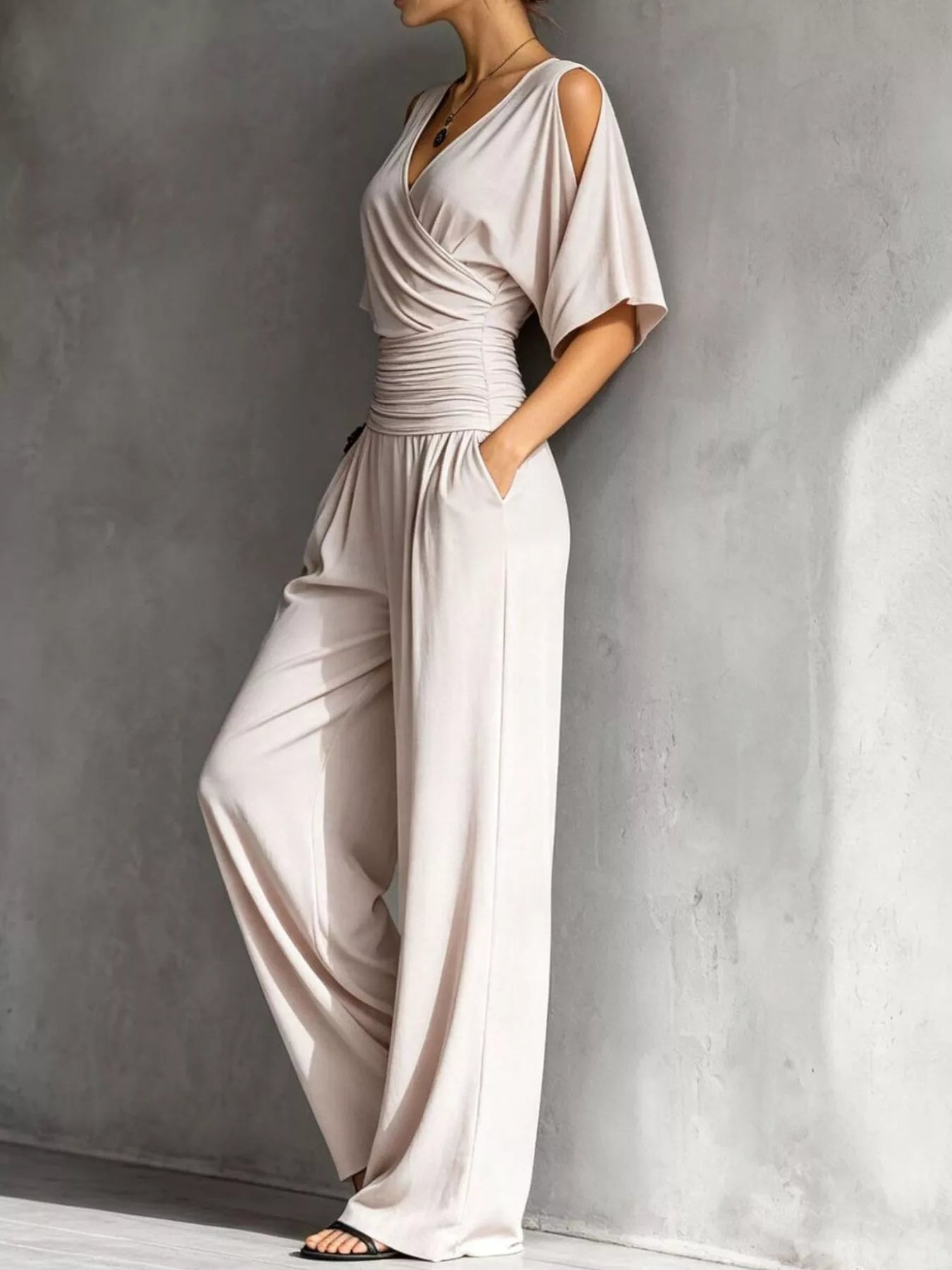 Cold Shoulder Ruched Waist Wide-Leg Jumpsuit in Apricot