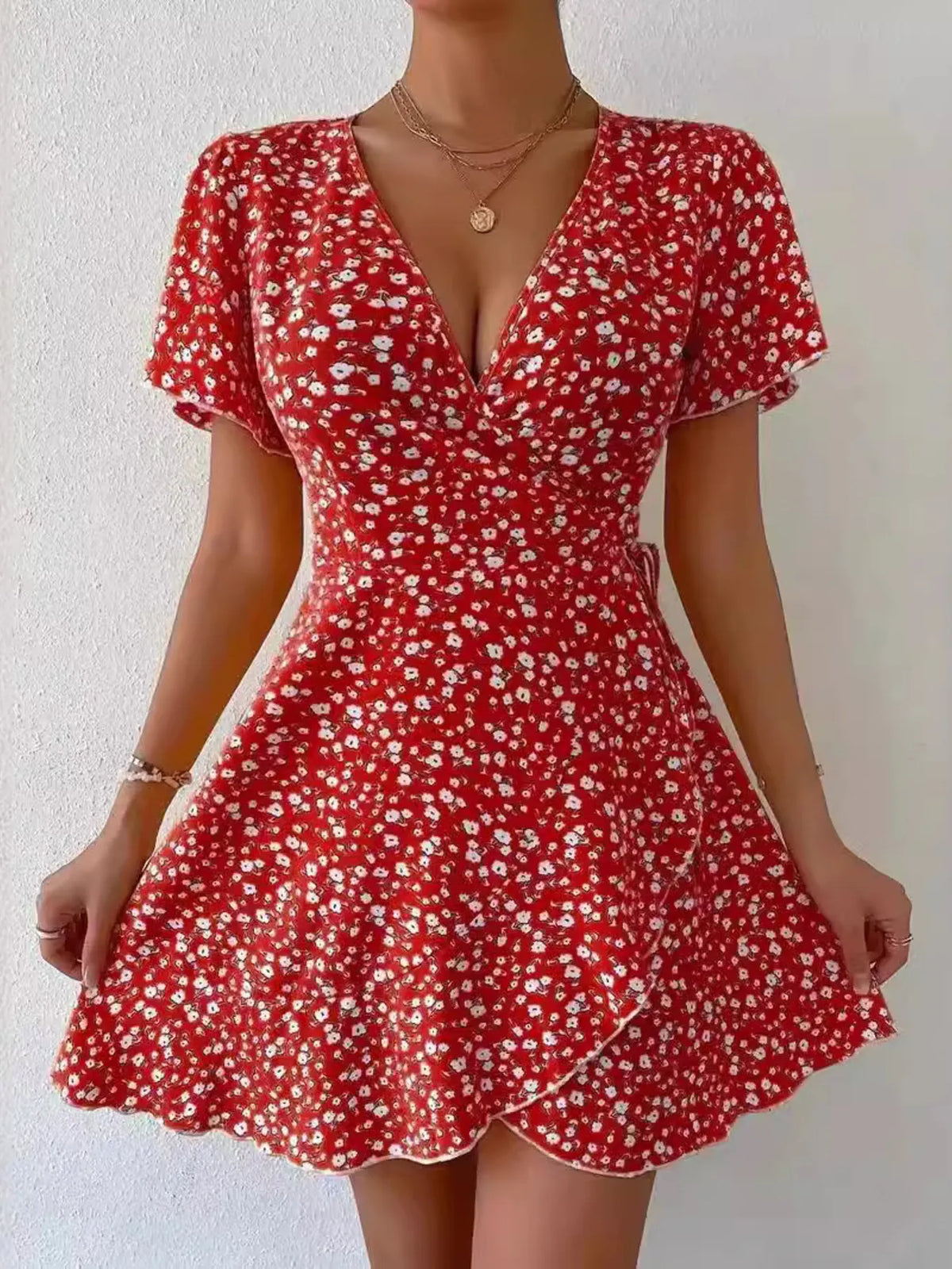 Floral Flutter Sleeve Wrap Mini Dress by Elaine