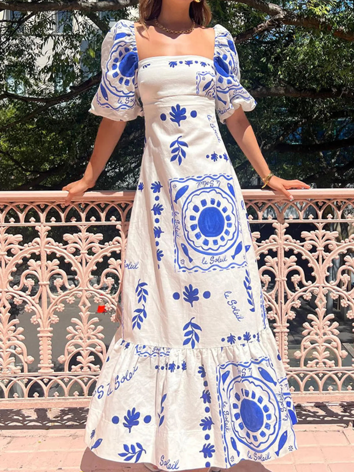 Floral Square-Neck Puff-Sleeve Maxi Dress in Blue