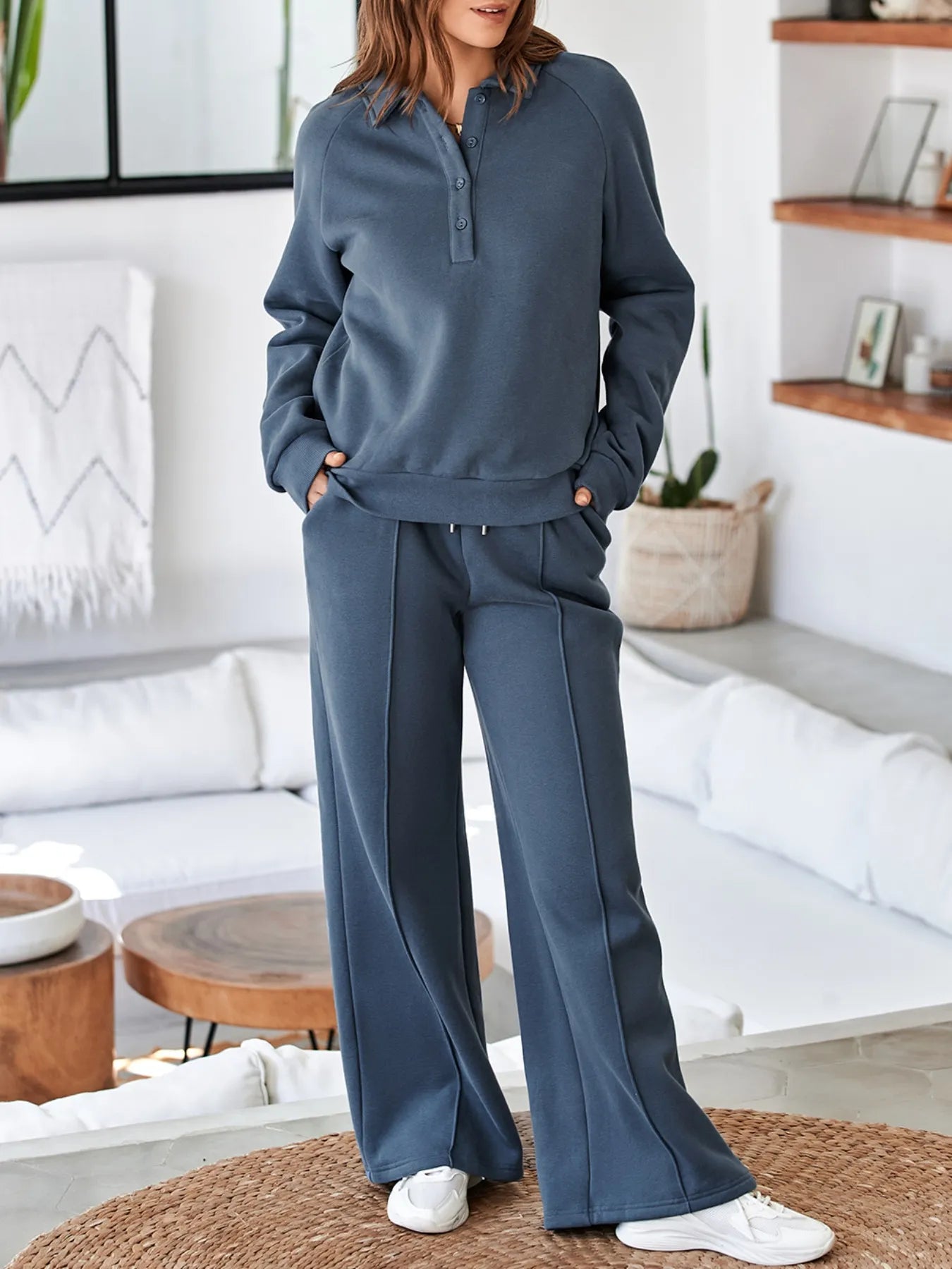 Collared Sweatshirt and High-Waist Pants Active Set