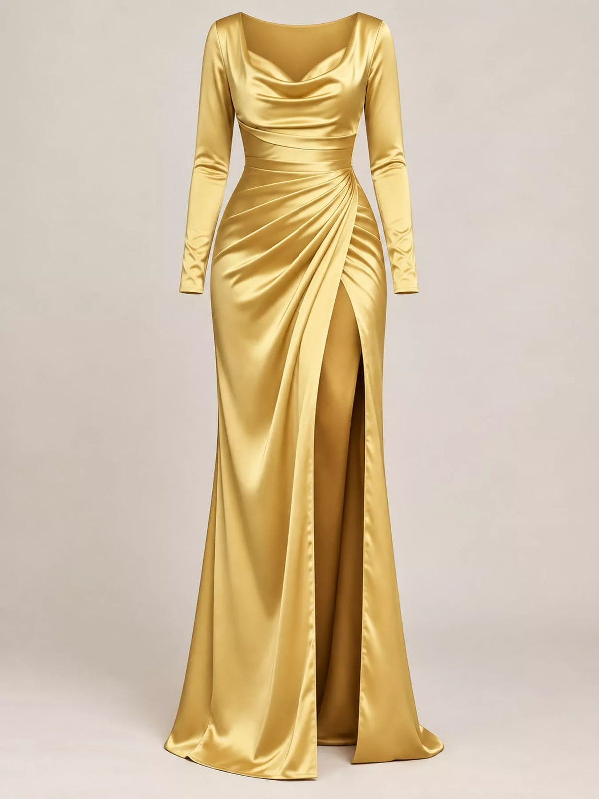 Satin Cowl Neck High-Slit Evening Maxi Dress
