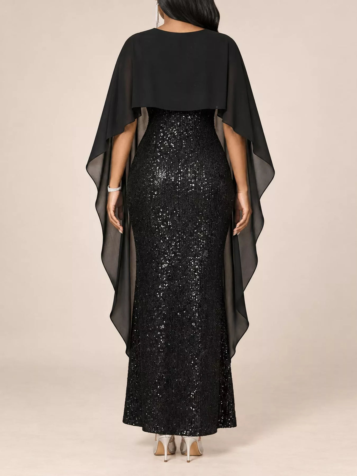 Sequin Cape-Overlay Evening Dress