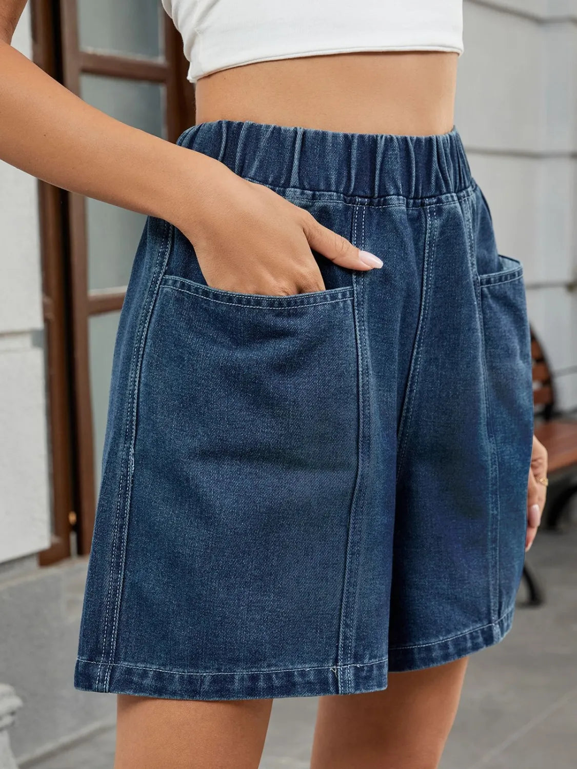 Elastic Waist Denim Shorts by Moni Wear