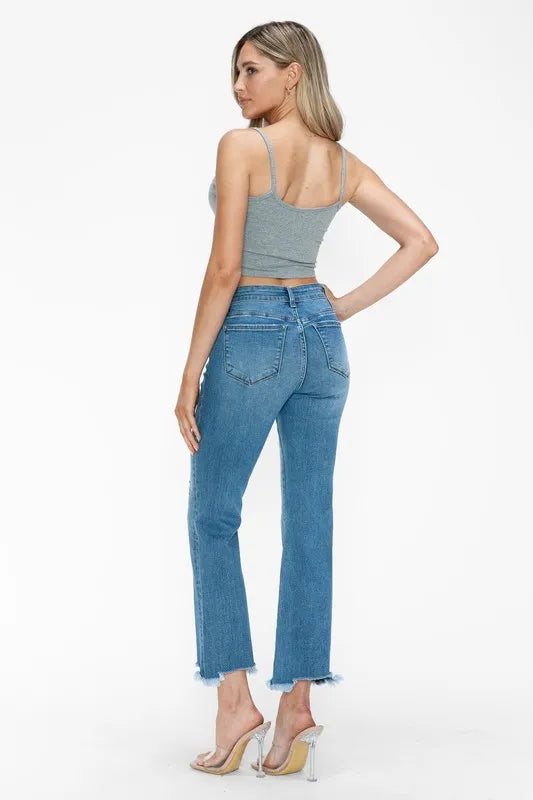 Raw Hem Distressed Mid Rise Crop Jeans in Medium Wash