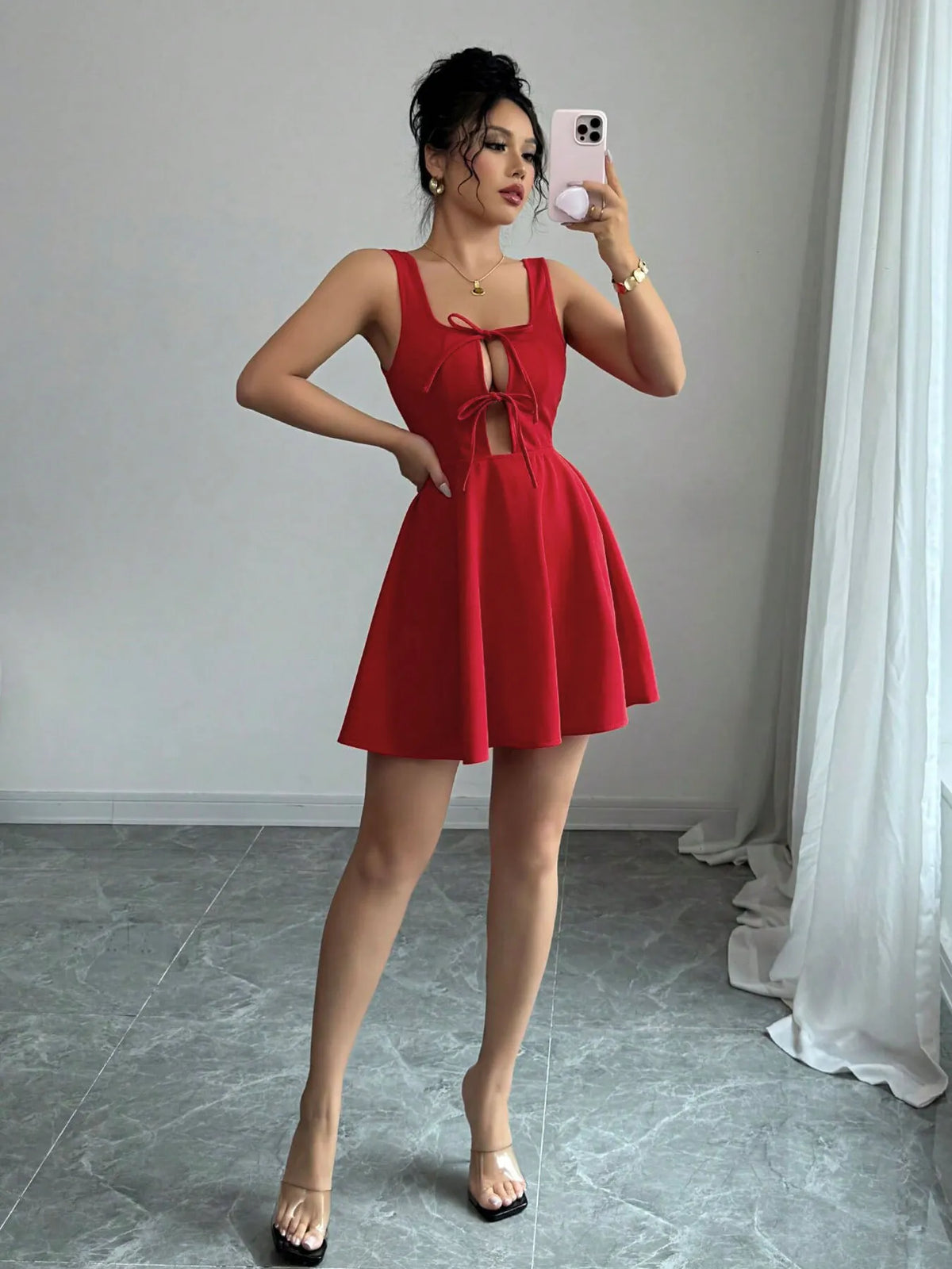 Tie-Front Lace-Up Cutout Dress in Red