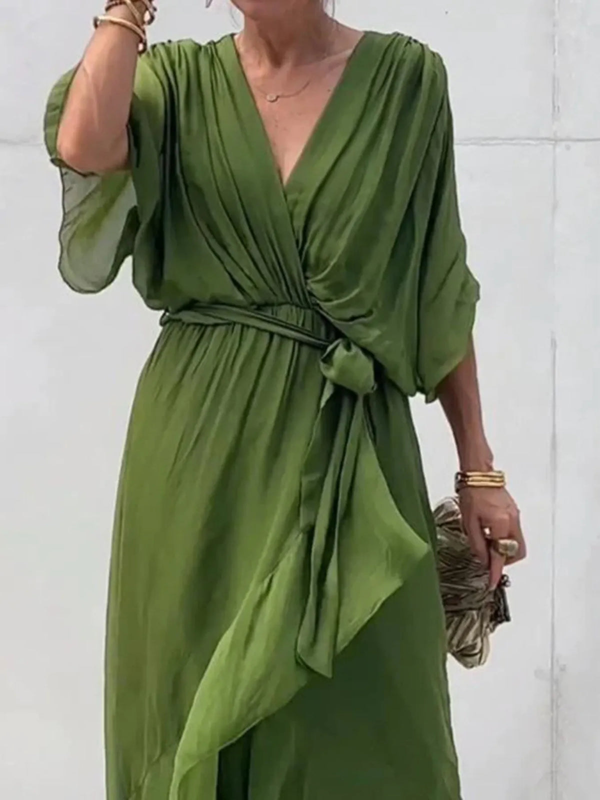 Flowy Tie-Front Midi Dress with Flutter Sleeves