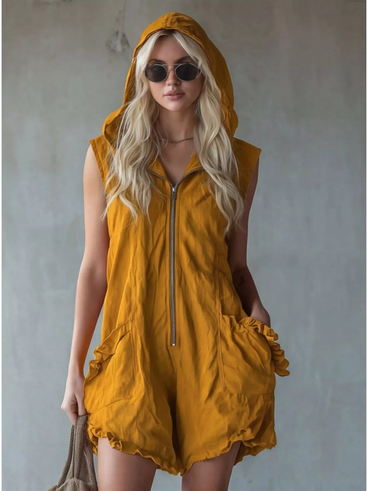 Hooded Zipper Romper with Ruffled Pockets