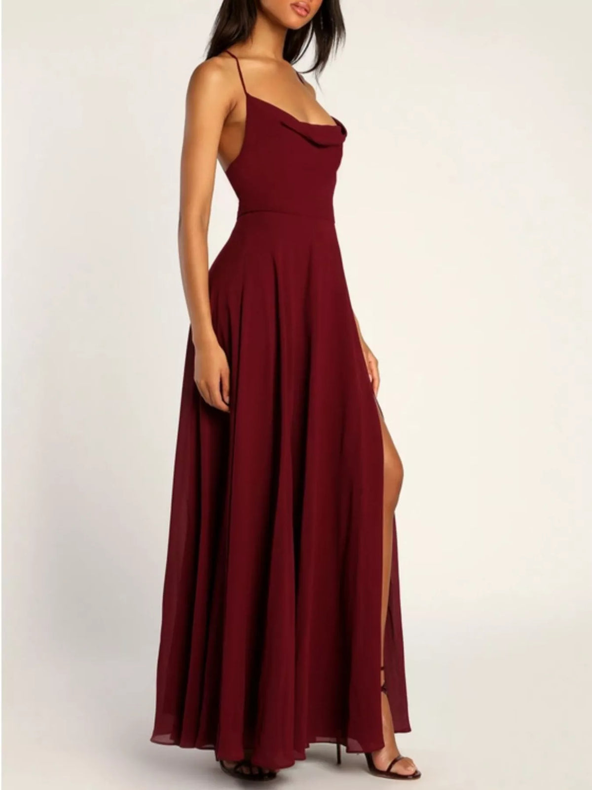 Backless Lace-Up Slit Cowl Neck Maxi Dress by Elegant Elements