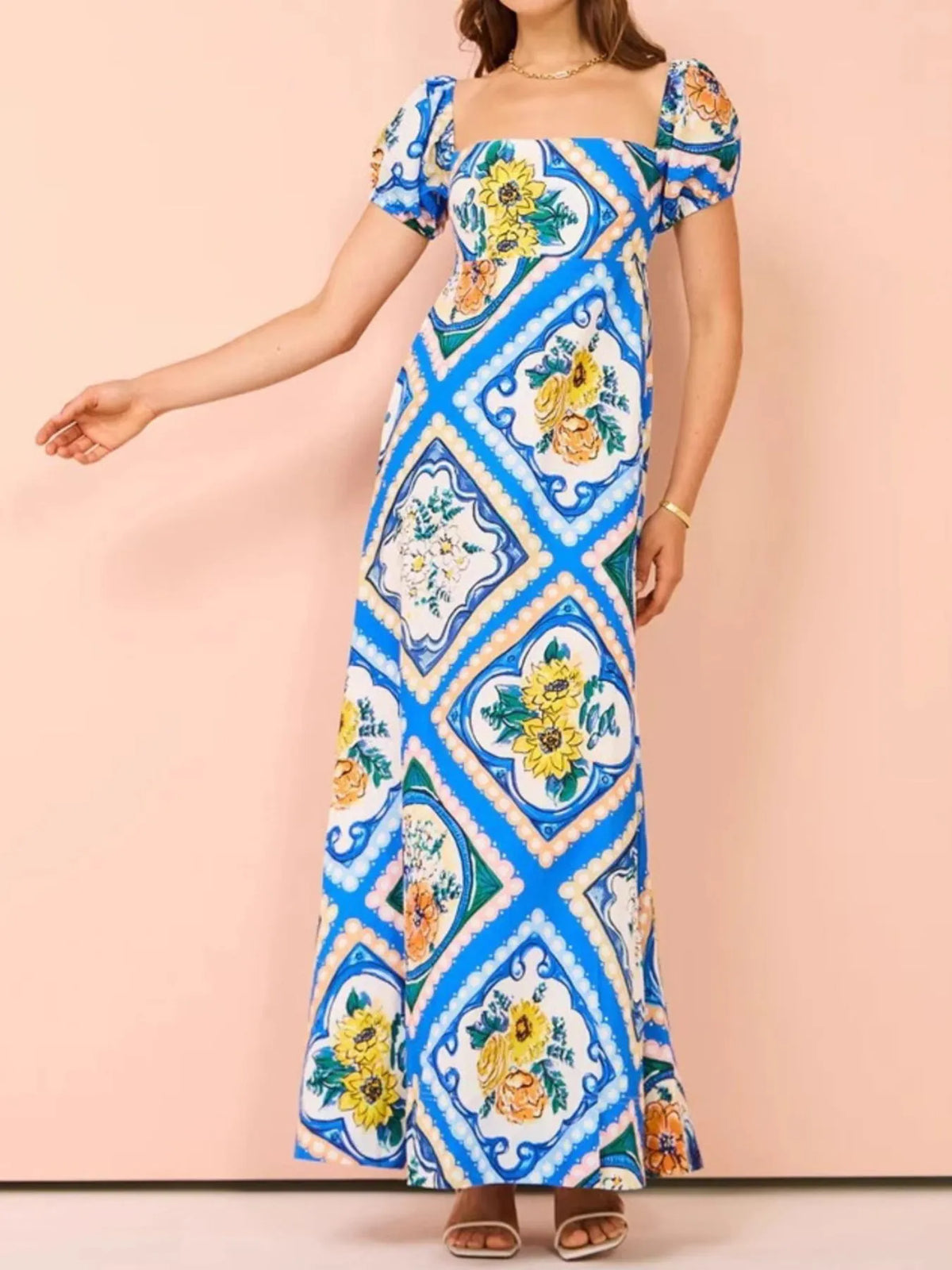 Printed Square Neck Puff Sleeve Maxi Dress in Blue