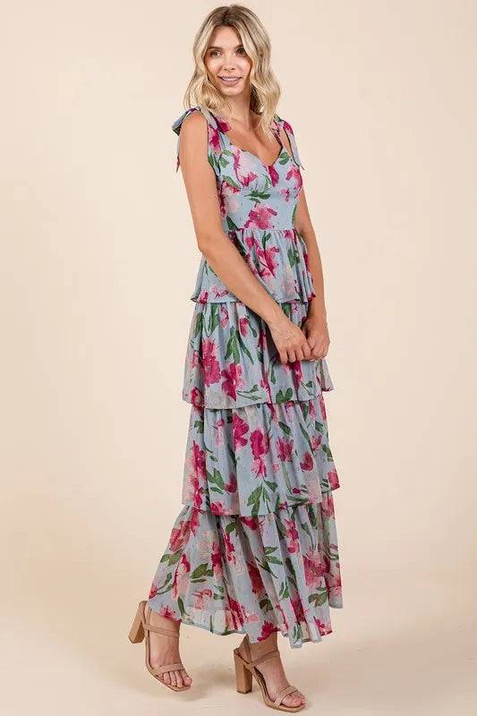 Floral Sweetheart Neck Maxi Dress in Dusty Blue by Mittoshop