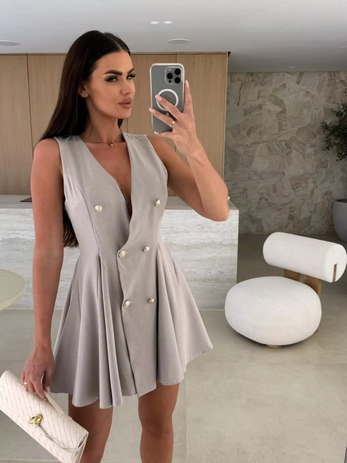 Double-Breasted V-Neck Pleated Mini Dress